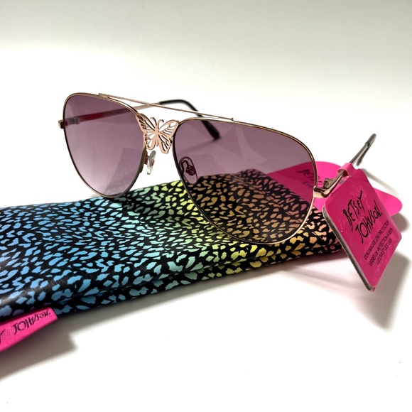New Original BETSEY JOHNSON Butterfly Aviator Sunglasses + Pouch Gold Metal - Picture 1 of 8